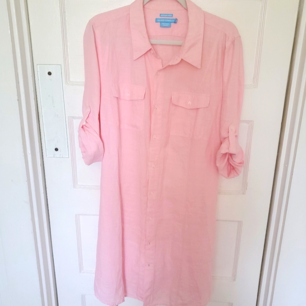 Island Company safari shirt dress linen pink sz xl